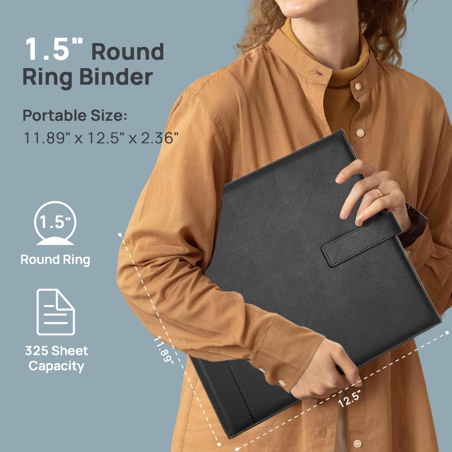 POPRUN PU Leather 1.5 Inch 3 Ring Binder, Professional Business Organizer- Includes PP Dividers, 100GSM / Grade AA Filler Papers, Card &Sticker for Tab- Ideal for Office Presentation Meetings, Black