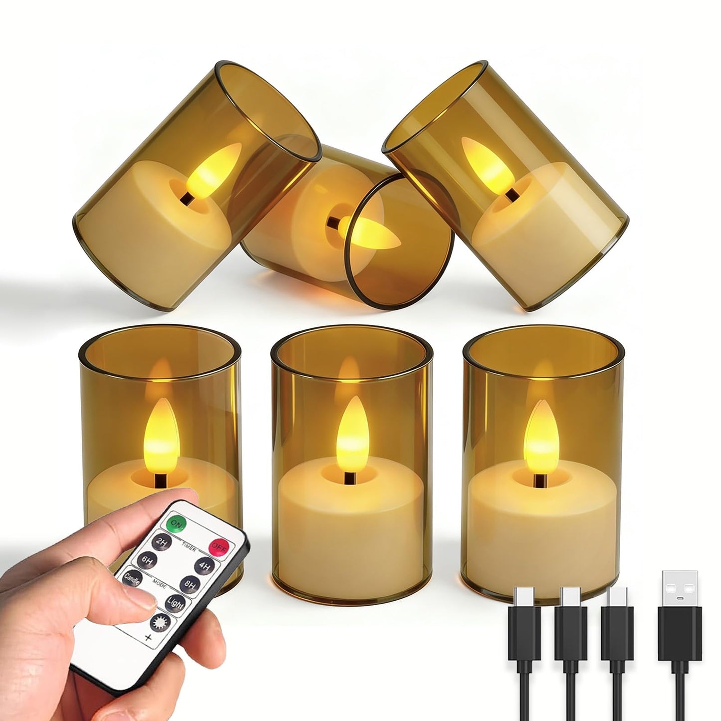 Utwickeln Rechargeable Flameless Tea Light Candles, LED Tea Lights with Remote & 2-8H Timer, 6-Pack, USB-C, Acrylic, Amber, for Home, Wedding, Dinner Party, Sports Bar Night, Living Room & Hotel