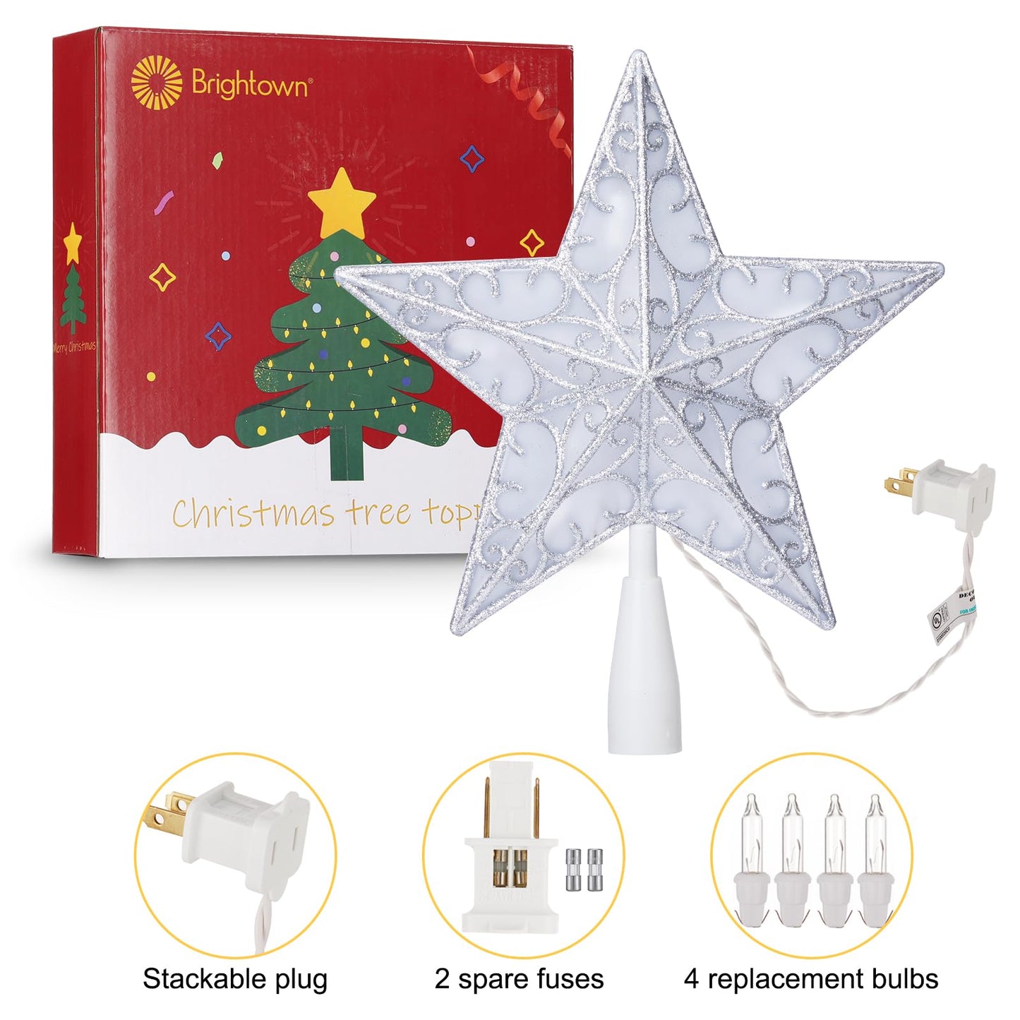 Christmas Star Tree Topper, Plug in Sliver Glittered 3D Star Tree Topper, Metal Hollow Designed Built-in 10 Bulbs String Lights for Indoor Christmas New Year Holiday Tree Decoration, White Base
