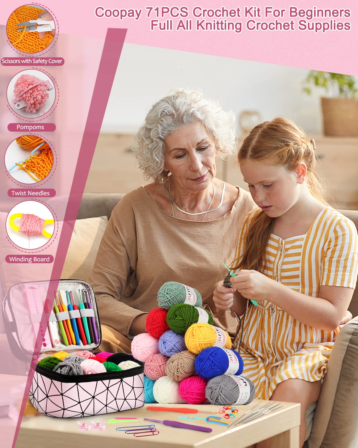 Coopay Crochet Kit for Beginners, 71PCS Crochet Starter Kit with 16 Colors Crochet Yarn & Instructions, Double-Layer Crochet Set Beginner Crochet Kit for Kids/Adults, Professional Starter Pack, Pink