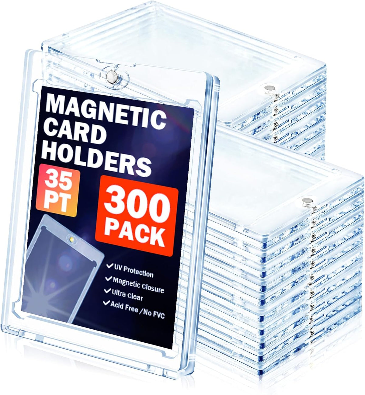 300ct Magnetic Card Holder for Trading Cards, 35 PT One Touch Card Sleeves, Hard Plastic Card Protectors Top Loaders Display Case for Baseball, Football, Sports, Game, TCG, MTG, YUGIOH