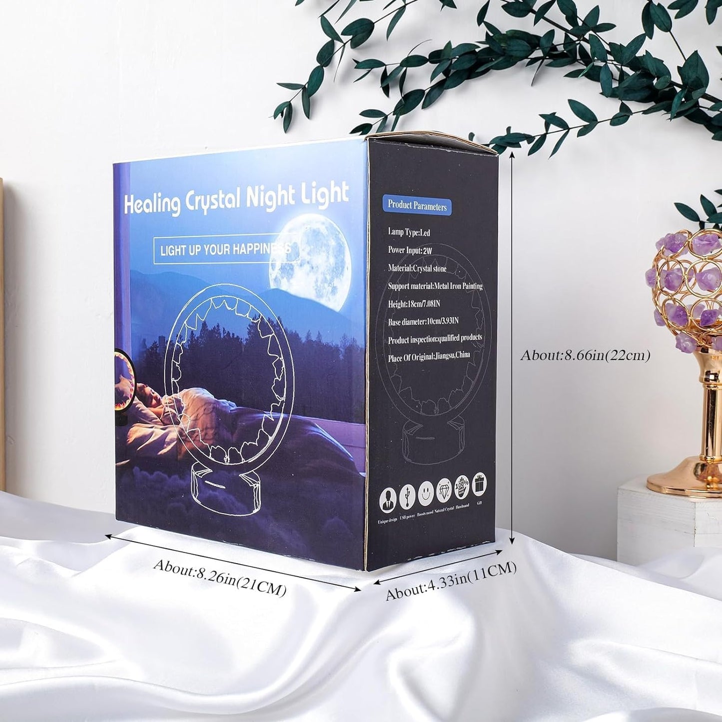 Runyansghi Chroma Electroplated Single Point Night Lamp 8.6" Healing Crystal Bedside Lamp USB Port 3 Colours Dimming Mode Bedroom Lamp Suitable Night Light Office Home Decor Ideal Gift