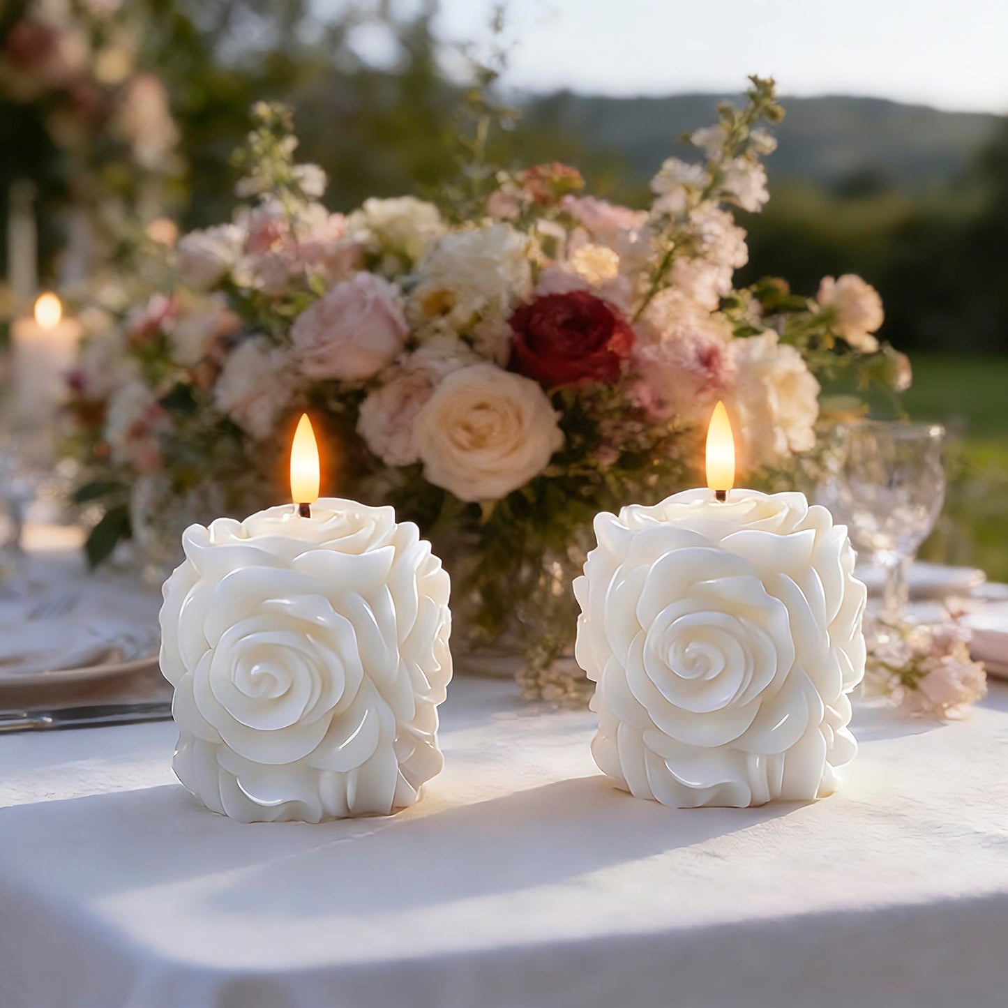 AFINETH Valentine Day Rose Flameless Candles with Remote and Timer, 2 Pack Flickering LED Candles for Proposal Wedding Anniversary Romantic Night, White