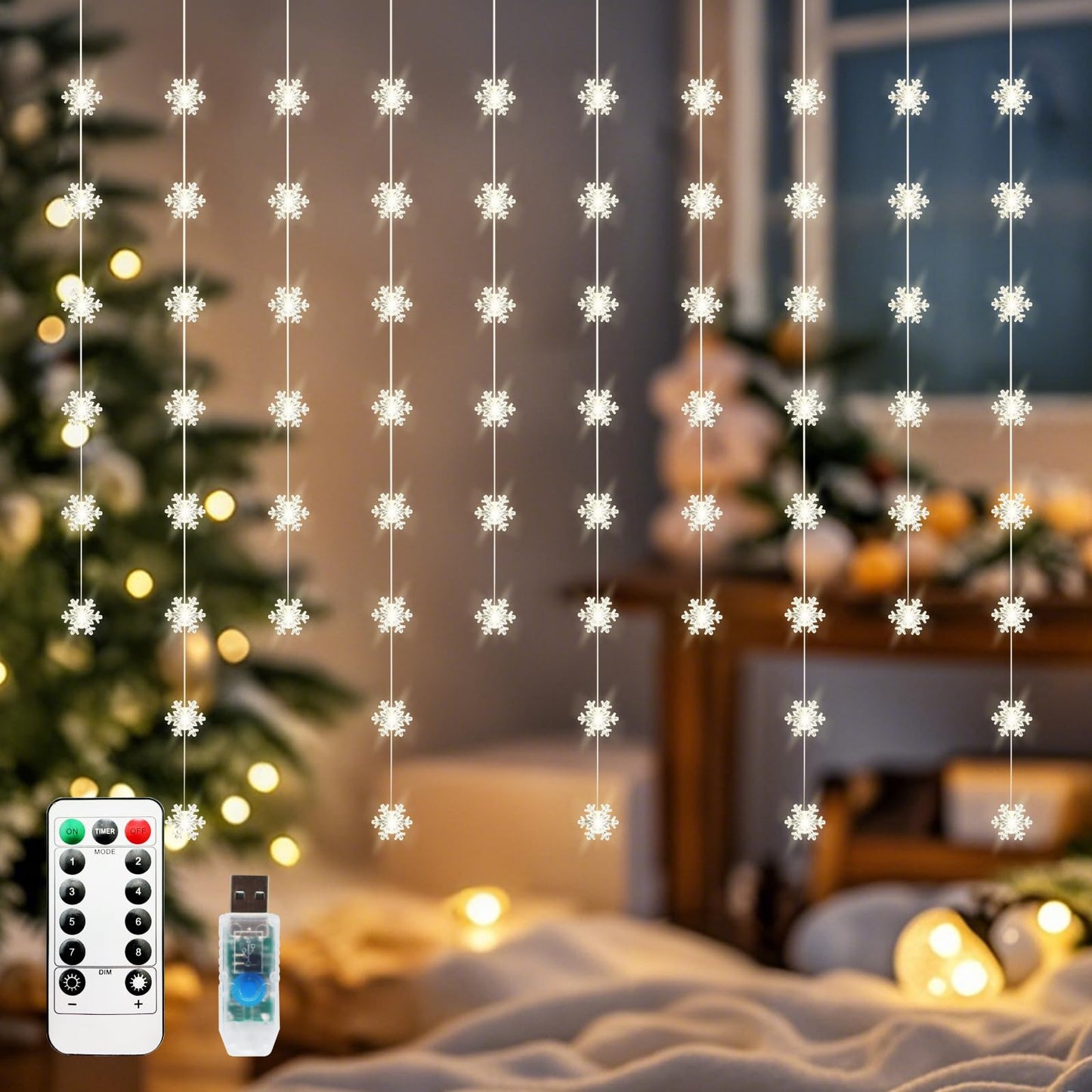 Patioman Snowflake Curtain Lights, Warm White Window Lights 70 Snowflakes Hanging Light with Remote Fairy Led Twinkle String Lights Home Bedroom Wall Décor for Christmas, Wedding, Party, Birthday