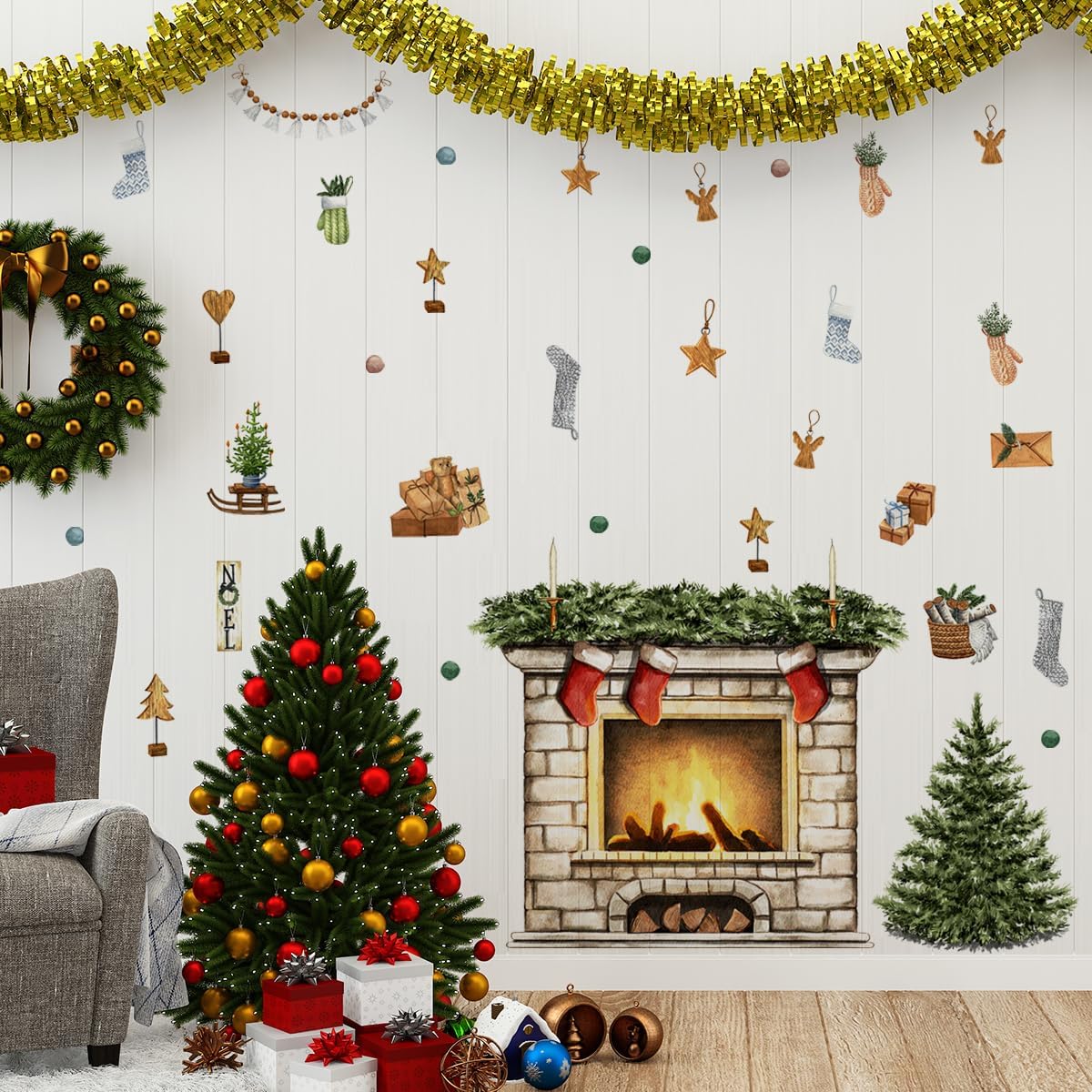 38.58 X 37 Inch Christmas Tree Wall Decals Christmas Fireplace Christmas Stocking Wall Stickers Removable Christmas Window Decal Sticker Decor for Christmas Holiday Living Room Bedroom Decorations