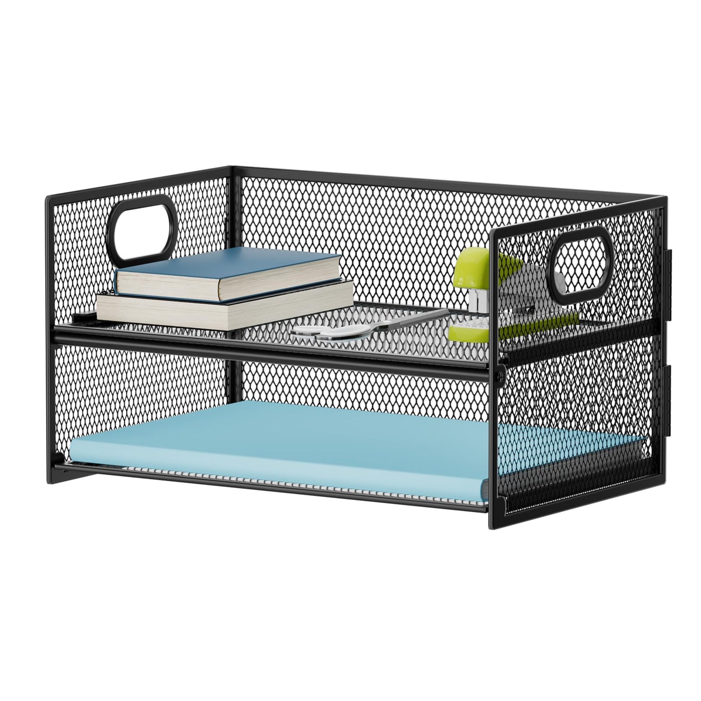 Marbrasse 2 Tier Paper Organizer Letter Tray, Mesh File Organizer with Handle, Paper Sorter Desk Organizer for Home Office Supplies - Black