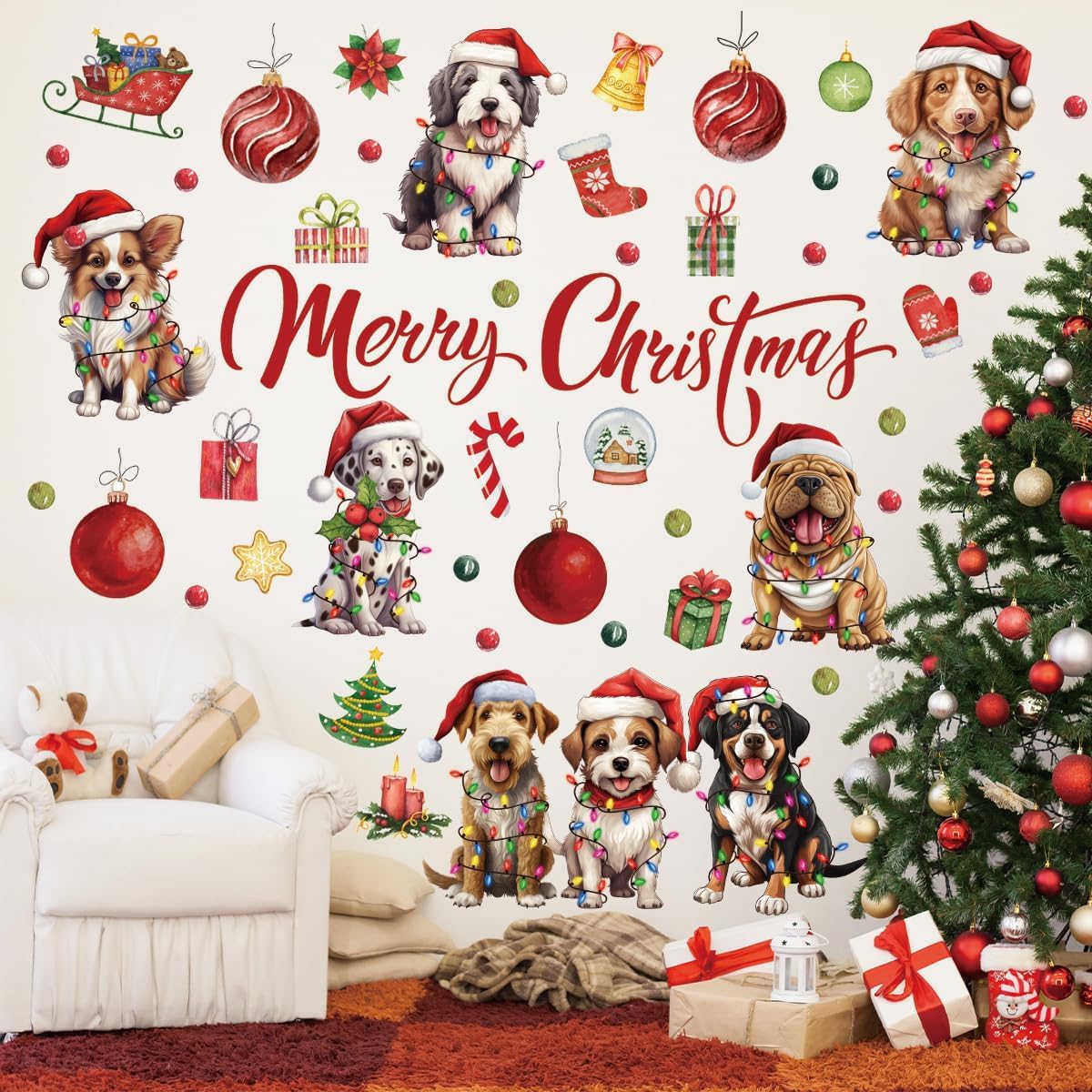 Denylo pro Christmas Dog Wall Decal Merry Christmas Wall Sticker Removable Christmas Wall Decals Decor for Winter Christmas Holiday Party Supplies Home Window Decor