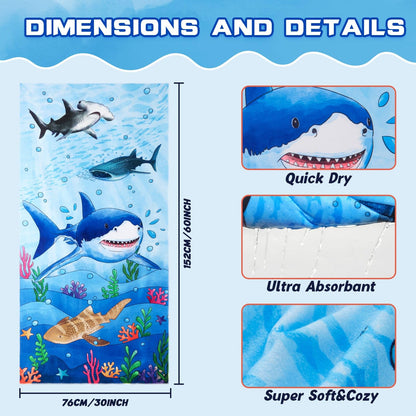 WERNNSAI Shark Kids Beach Towel for Boys - 30” x 60” Quick Dry Sand-Free Swim Towels for Boys Super Soft Absorbent Towel, Pool Camping Travel Bath Towel for Outdoor Sports Picnic