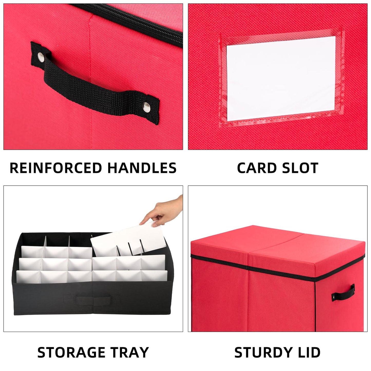 JY COOKMENT Christmas Ornament Storage Box with Adjustable Dividers, Large Holiday Ornaments Storage Container Bin with Lid for Xmas Decorations (72-3" Balls, Red, With Removable Tray)