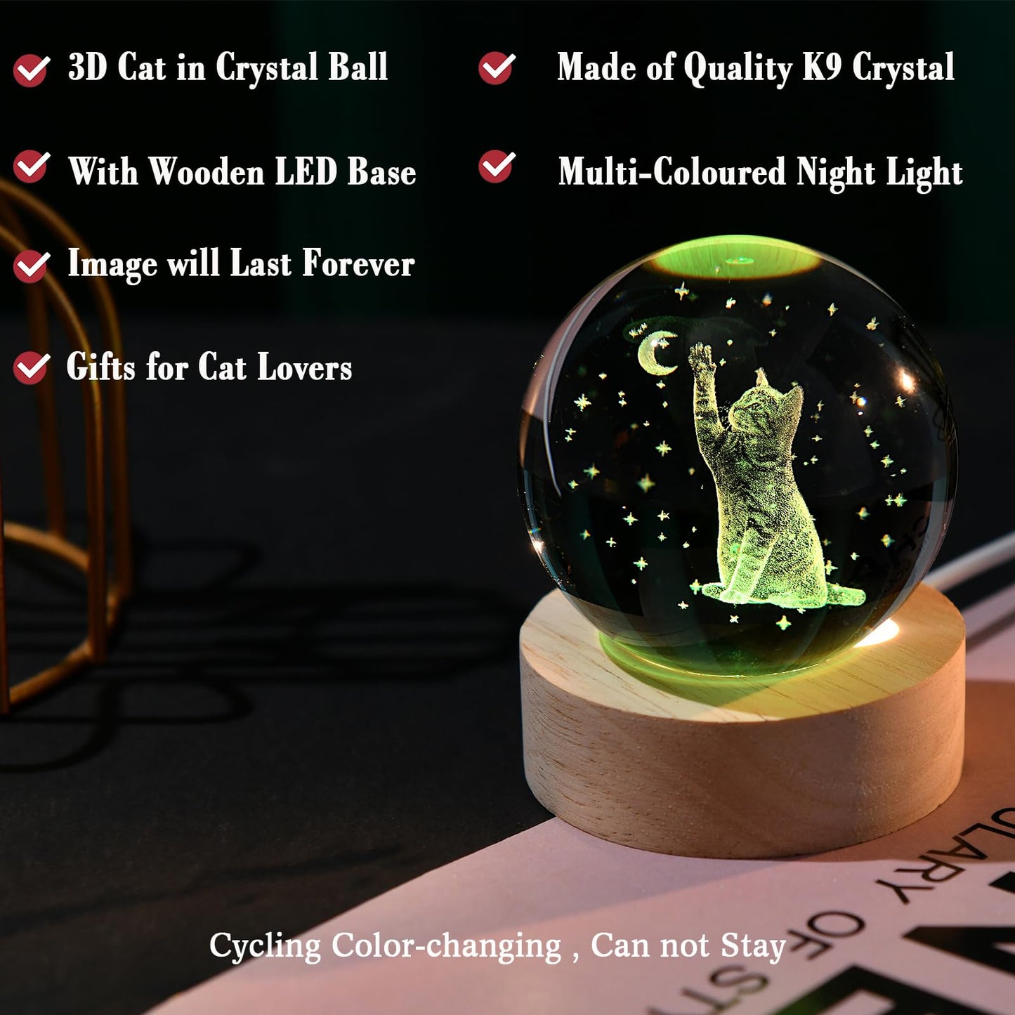 IFOLAINA 3D Cat Themed Gifts for Women Friends Cat Lovers Presents 2.36" Engraved Crystal Ball with Wooden Light Base Crystal Pet Sphere Decor