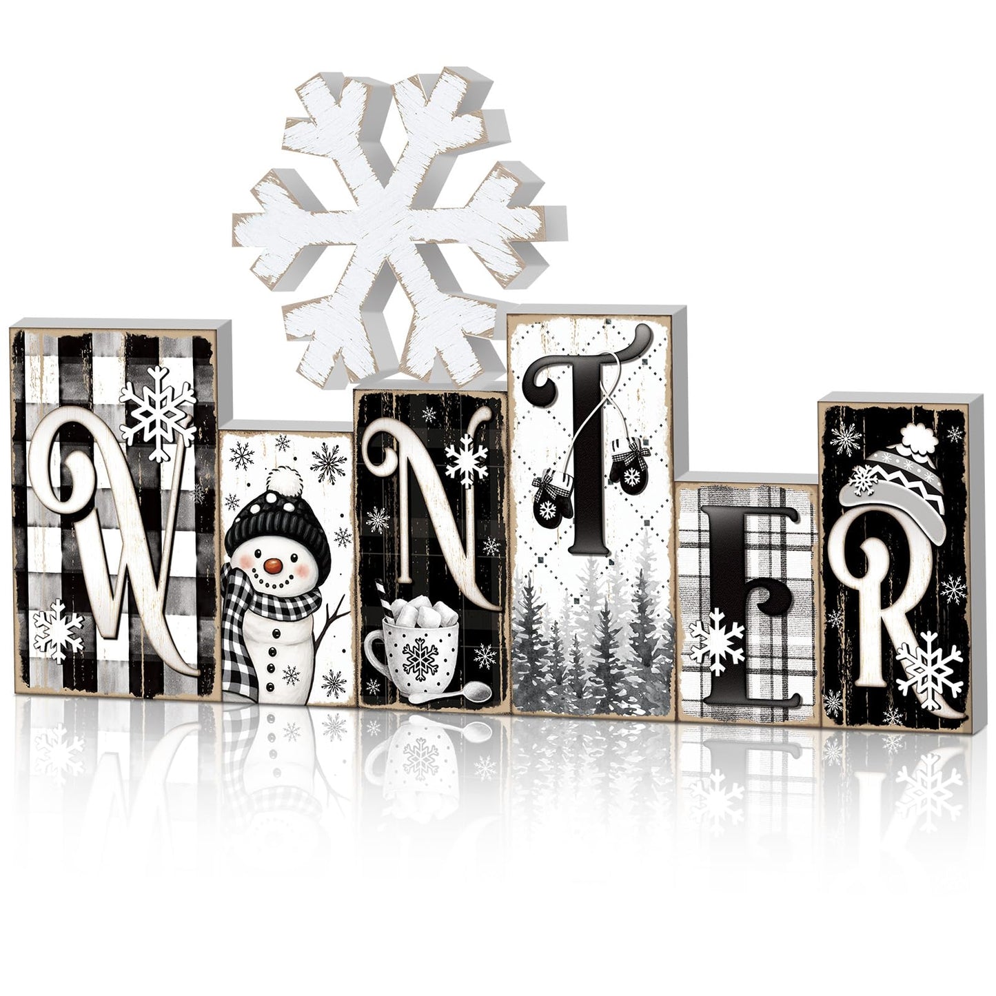 Yousoontic 2 Pcs Winter Table Decor Snowman Christmas Table Centerpieces Black and White Snowman Tiered Tray Decor Snowflake Block Signs Winter Decorations for Home Kitchen Office Shelf