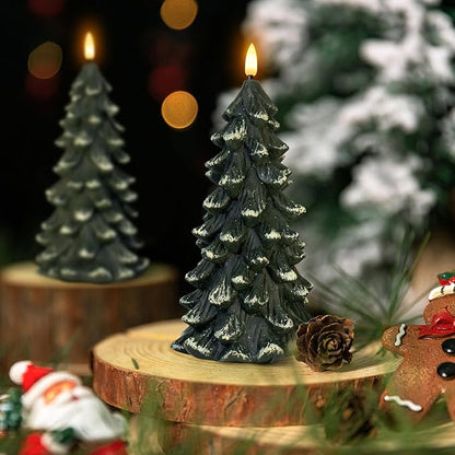 Christmas Tree Shaped Flickering Flameless Candles, Green Real Wax Battery Operated LED Candles with Timer for Christmas Home Party Decoration Christmas Gift Set of 2