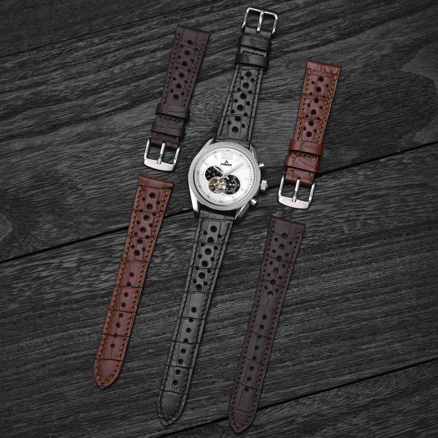 Anbeer Alligator Embossed Genuine Leather Watch Band,22mm Perforated Replacement Wristband for Men Women,Luxury Crocodile Pattern Watch Strap