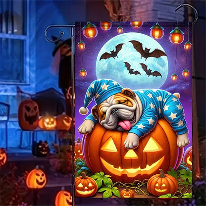 Halloween Garden Flag, 12x18 Inch Double-Sided Polyester, Pug Sleeping on Pumpkin Flag, Outdoor Patio Decoration, Festive Yard Banner, Easy to Hang (Only Garden Flag)