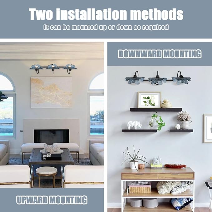 3 Light Bathroom Vanity Light Black Wall Sconce with Blue Flower Glass Shade Bathroom Wall Light Vintage Wall Sconce Art Deco Vanity Lights Over Mirror for Bedroom Hallway Living Room