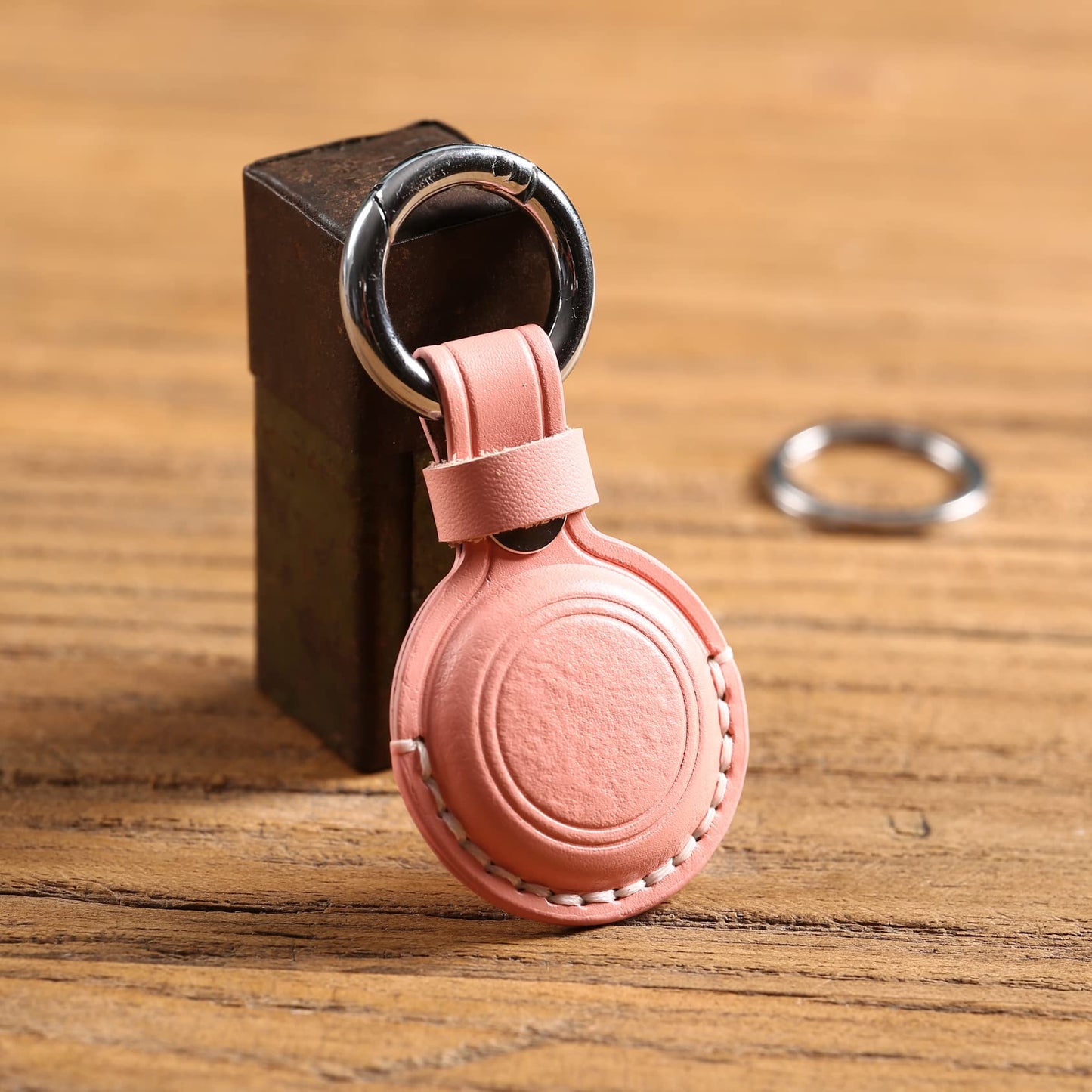 KEEPXYZ Genuine Leather Airtag Holder Suitable for Apple Airtag Keychain Leather, Small Air Tag Holder with Key Rings, Protective Airtag Case Cover Accessories (Pink V1.0)