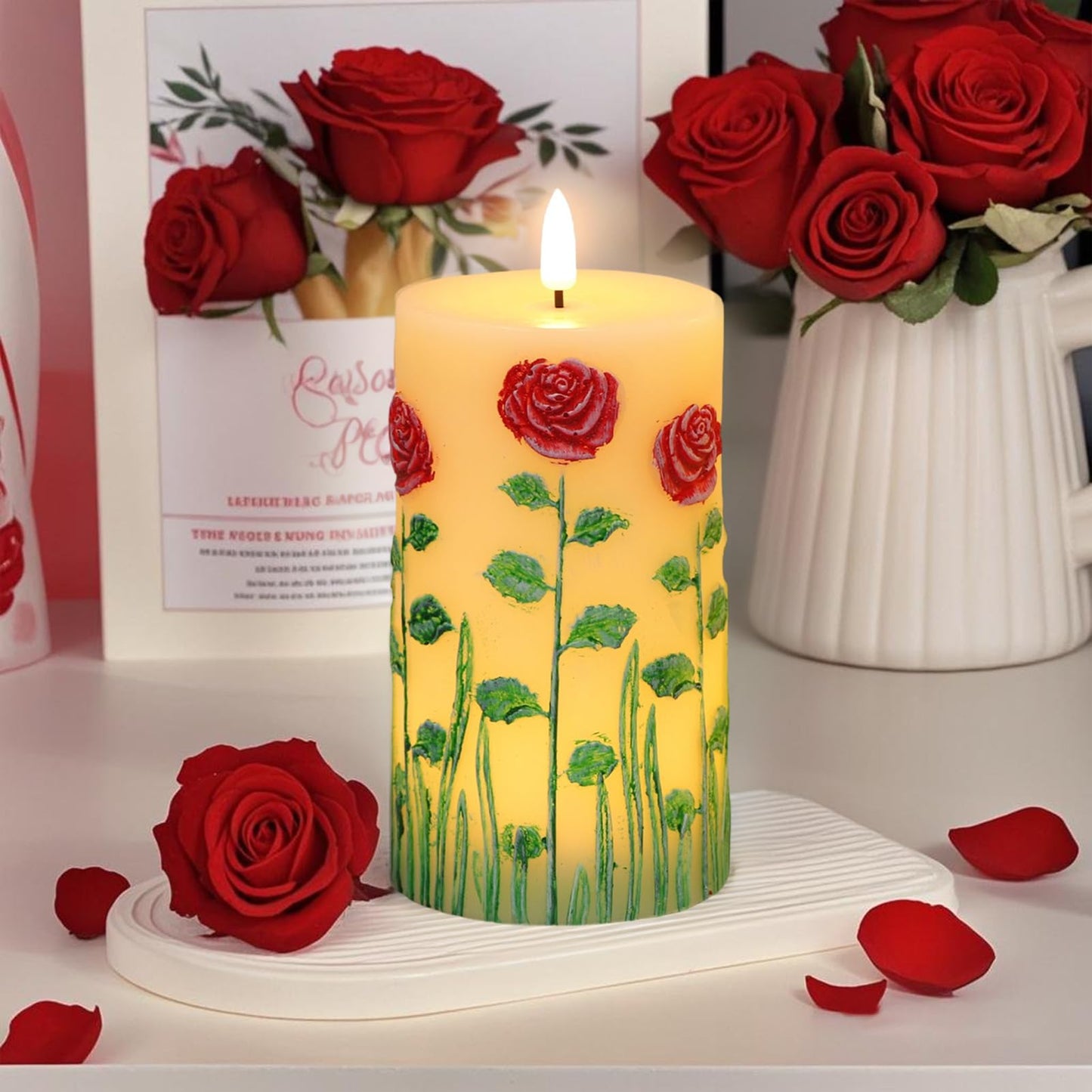 Eldnacele Rose Flameless Candles with 6 Hour Timer, Battery Operated Hand Painted 3D Wick Flickering Real Wax LED Pillar Candles for Spring Dinner Christmas Holiday Decor((2Pcs, D3×H6.5)
