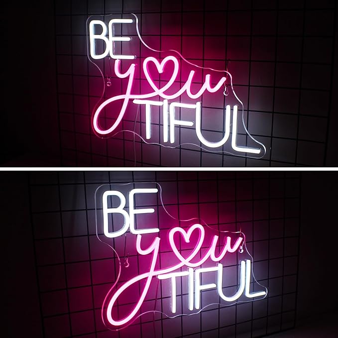 Horseneon Be You Tiful Neon Led Sign, Rectangular Pink Neon Light Sign, 16.5''*11.6'', Wall Mount, Modern Love Theme, USB Powered, Acrylic Material, Perfect for Room Decor, Salon, Party, Gift