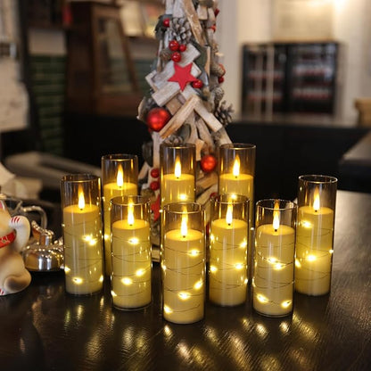 Da by Flameless Candles with Recessed String Light, Battery Operated Candles, Acrylic LED Pillar Candles with Remote Control and Timer, Gray, Set of 12