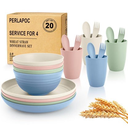 Wheat Straw Dinnerware Set 40-Piece Service for 8 Unbreakable Dishes Set Plates and Bowls Sets Drinking Glasses Microwave Safe Dish Set Lightweight Dinnerware Set for Home & Kitchen - Yellow