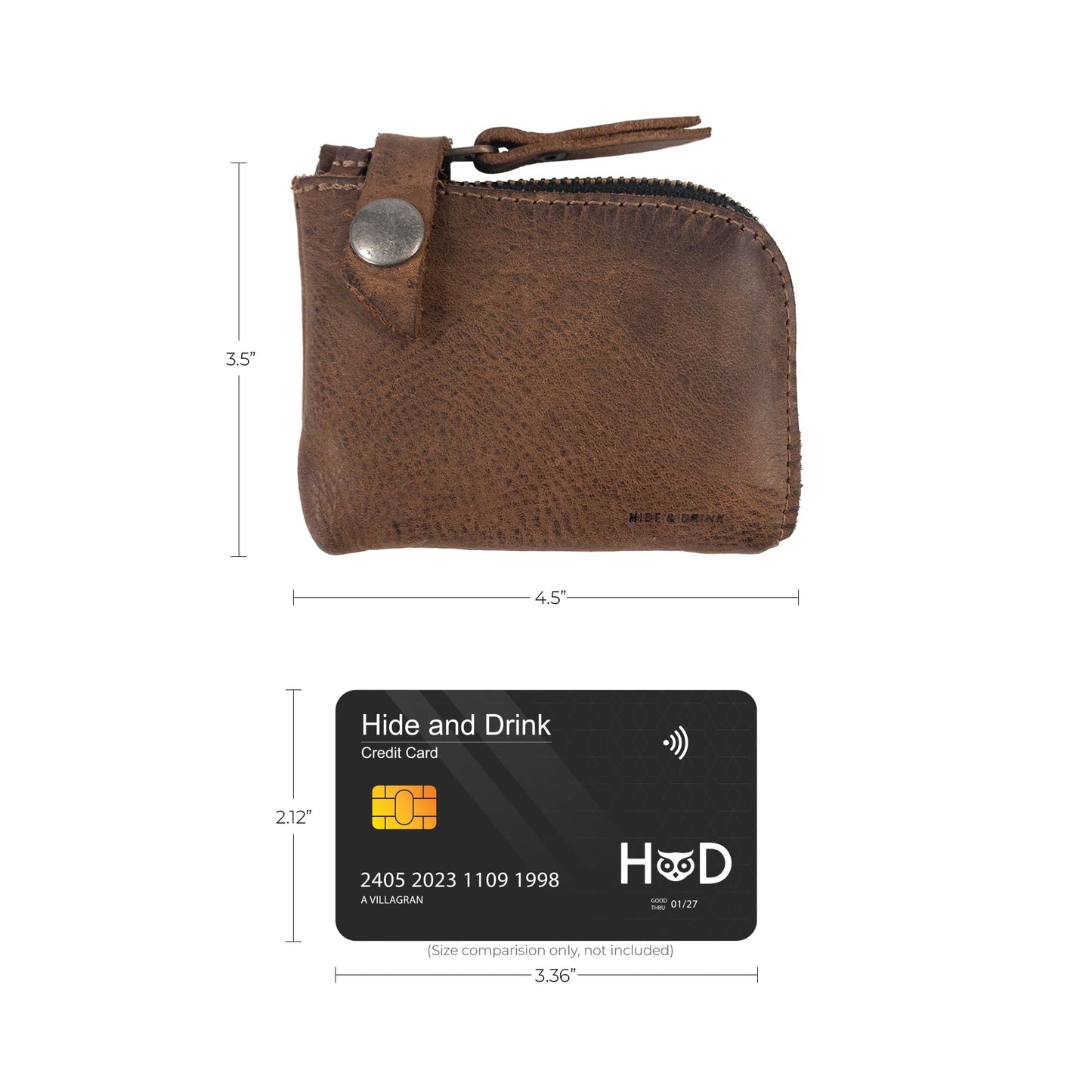 Hide & Drink, Leather Zippered Wallet, Holds Up to 6 Cards Plus Folded Bills, Pouch Organizer, Cash Holder, Travel Essentials, Mini, Pocket-Size, Handmade (Bourbon Brown)