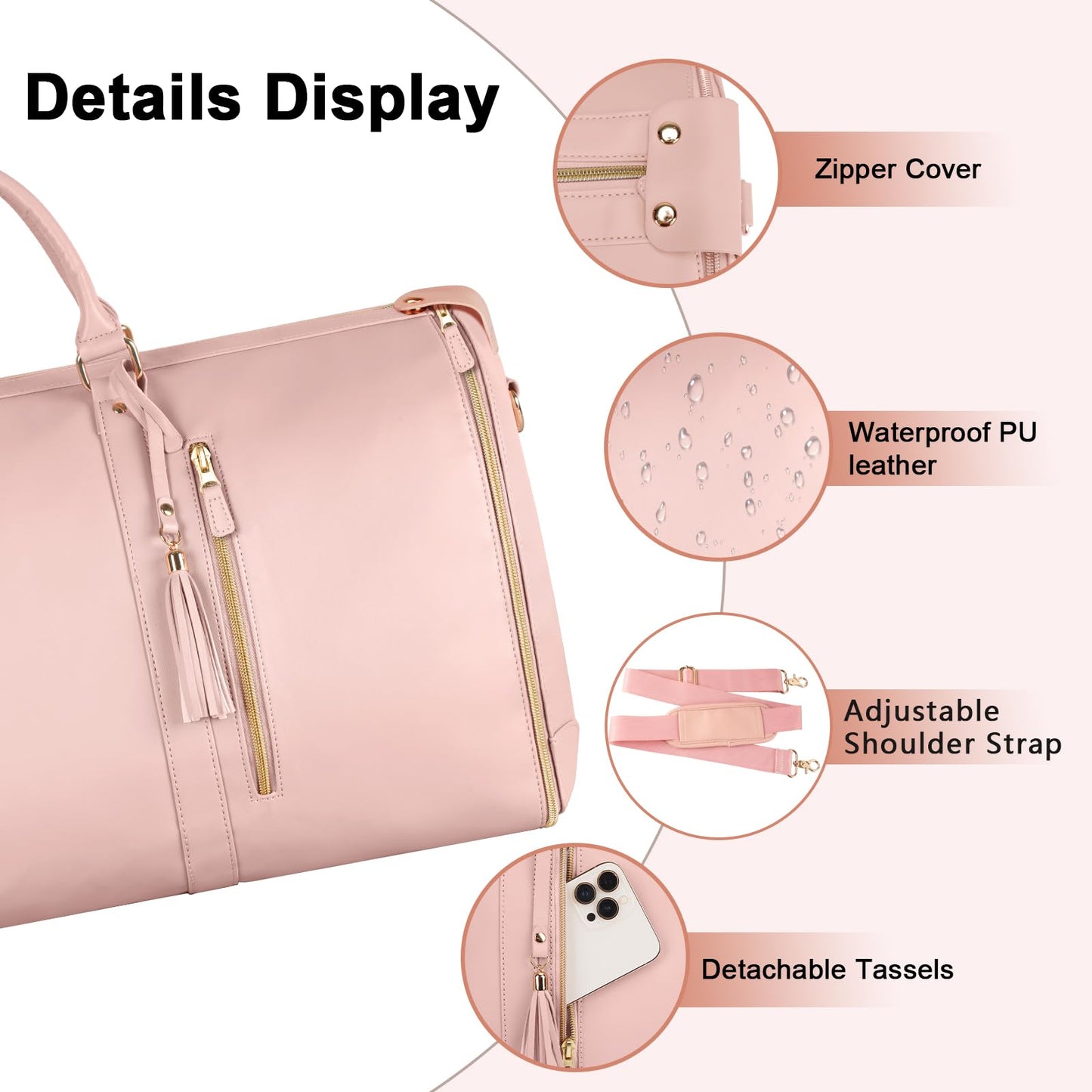 Ytonet Rolling Garment Bags for Travel, Convertible Carry On PU Leather Travel Bag 2.0 Roller Edition, 3 in 1 Suit Garment Duffle Bag with Wheels and Shoe Pouch for Business Wedding Overnight, Pink