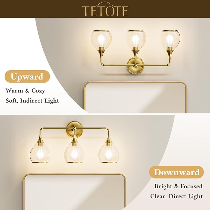 TETOTE 4-Light Modern Bathroom Light Fixtures, 4 Light Vanity Lights Over Mirror Gold Wall Lamp with Clear Glass for Bathroom, Mirror, Living Room, Bedroom, Hallway