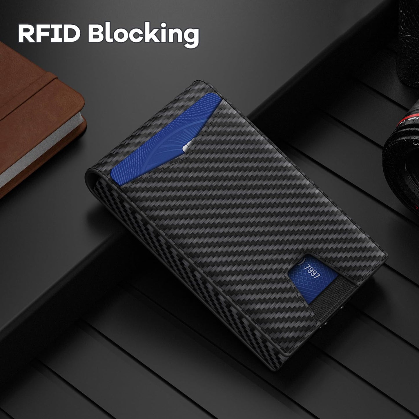 HLHGR Wallet for Men, Gift Boxed Slim Minimalist Wallet for Men with Money Clip and Genuine Leather Slots RFID Blocking Pop Up Metal Aluminum Smart Wallet Card Case (Carbon Fibre Black)