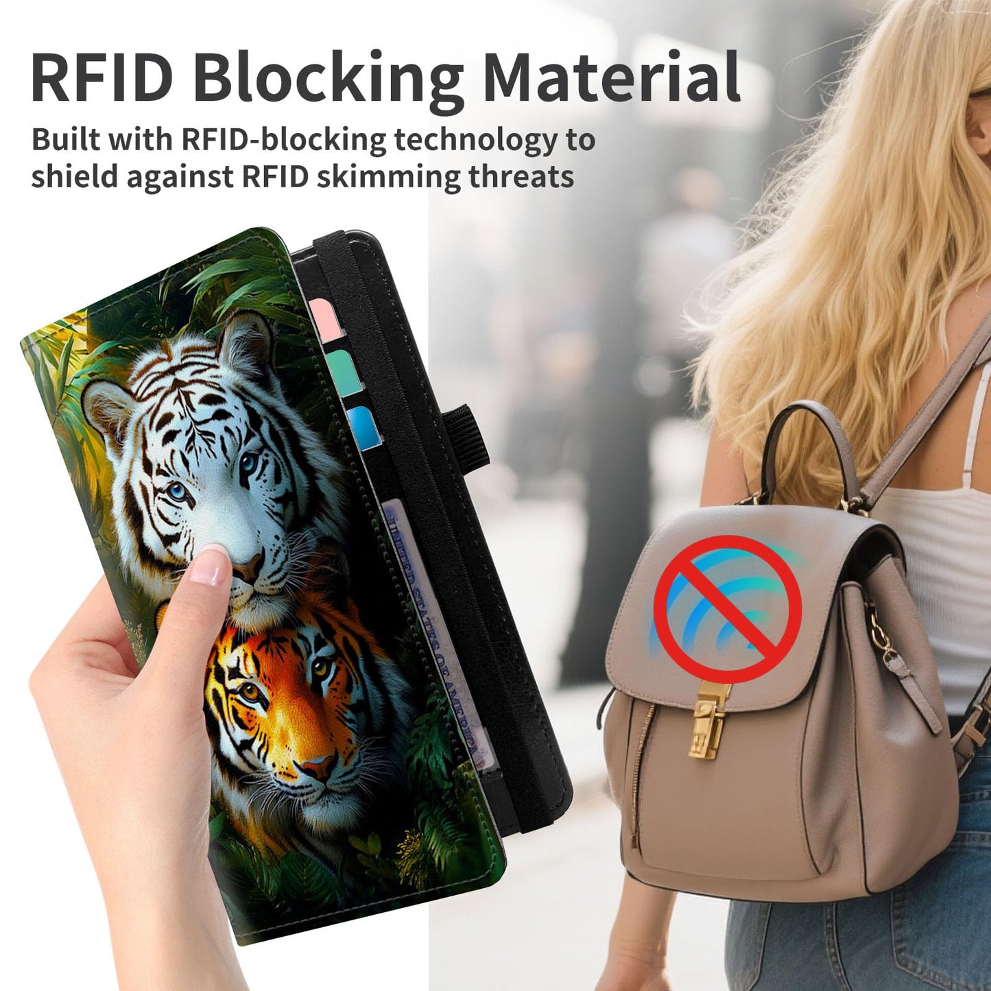 DISUOFEART Checkbook Cover for Men & Women, RFID Blocking Checkbook Holder Wallet for Personal Checks, Two Tigers in Jungle Durable Leather Check Book Cover with Elastic Strap