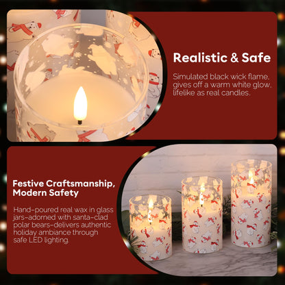 Eywamage Christmas Glass Flameless Pillar Candles with Remote, Flickering LED Battery Candles Bear Holiday Winter Table Decor Gift Set of 3