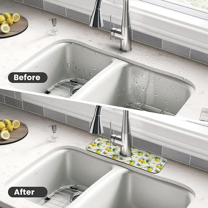 Yellow Lemon Green Leaves Kitchen Sink Splash Guard Faucet Mat Super Absorbent