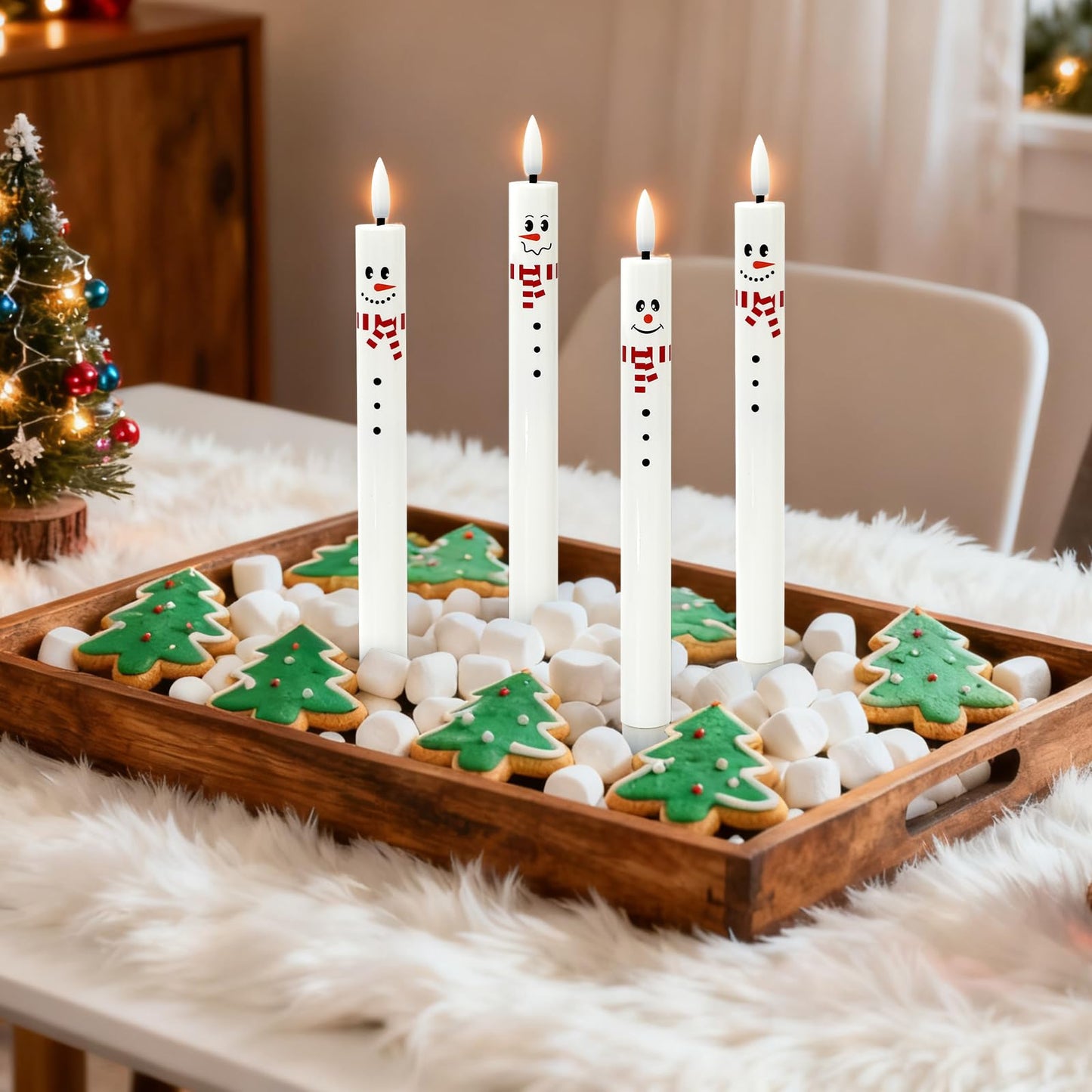 Whaline 6Pcs Winter Snowman Flameless Taper Candles with Remote Cute Christmas Battery Operated Flickering Candlesticks Electric LED Candle Boxed for Holiday Party Home Table Centerpiece Decor