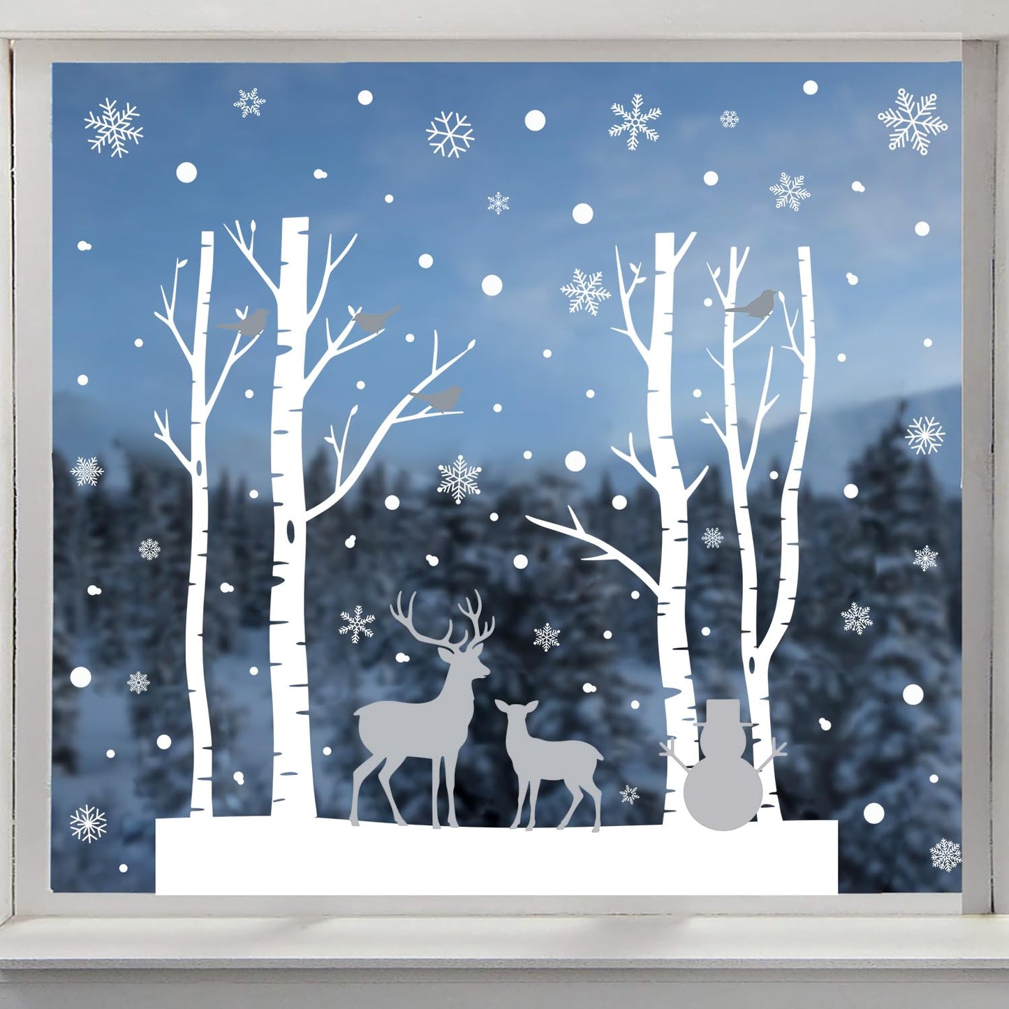 Kasubeso Large Birch Tree Deer Window Decal, Snowy Christmas Snowman Window Stickers, Peel and Stick Winter Snowflake Window Clings for Holiday Party Bedroom Living Room Offices Home Decoration