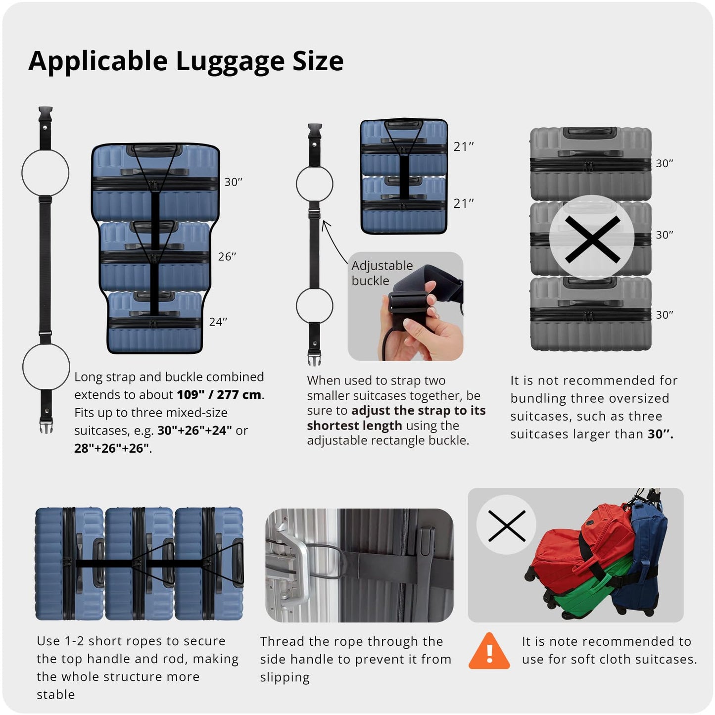 Luggage Straps 3 PCS for Suitcases TSA Approved 2 Short & 1 Long Adjustable Straps with Elastic Thick Rope for Connecting Suitcases and Bags Stably with a Strap Buckle and a Bottle Clip, Black