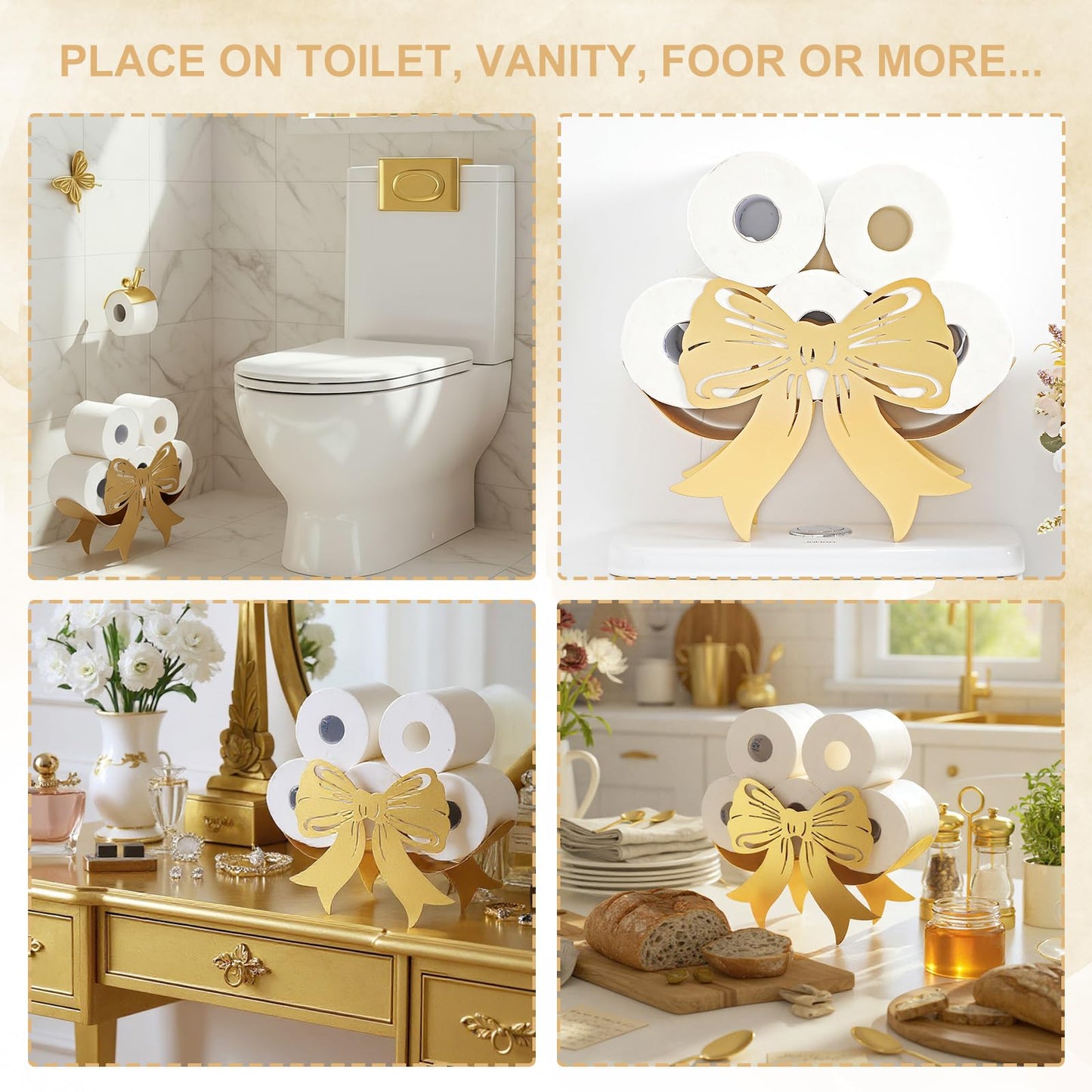 Geelin Bow Metal Toilet Paper Storage Holder Wedding Bow Bathroom Decor 8 Rolls Decorative Toilets Paper Holder Wall Mounted for Bathroom Kitchen Bedroom Coquette Home Decor(Gold)