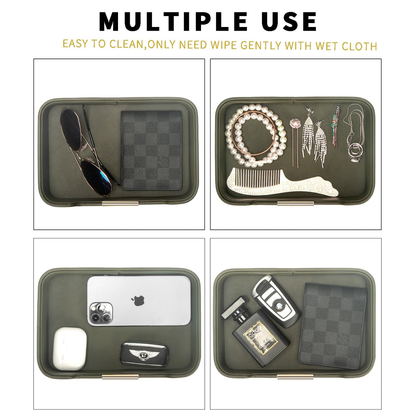 SANZIE Luxury Leather Tray Organizer Valet Tray Key Tray for Entryway Table Desktop Storage Catchall Tray Decorative Tray for Jewelry Keys Wallet Phone Watch (Metal Gilded, Khaki Green)