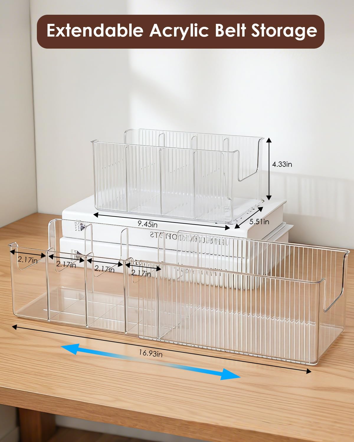 HAYVAN 2 Pack Acrylic Extendable Belt Organizer - Clear Belt Holder with Adjustable Dividers Fits Most Sizes, Storage Box for Ties, Bows, Masks, Jewelry (Space-Saving)