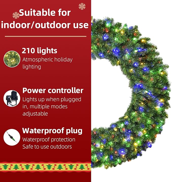 48in Large Christmas Outdoor Wreath - HOYECHI Lighted Wreaths Holiday Decor, Outdoor Wreath with 210 Colorful LEDs,714 PVC Tips, Metal Hook, 9 Functions, Timer, Power Plug-in, Remote Controls