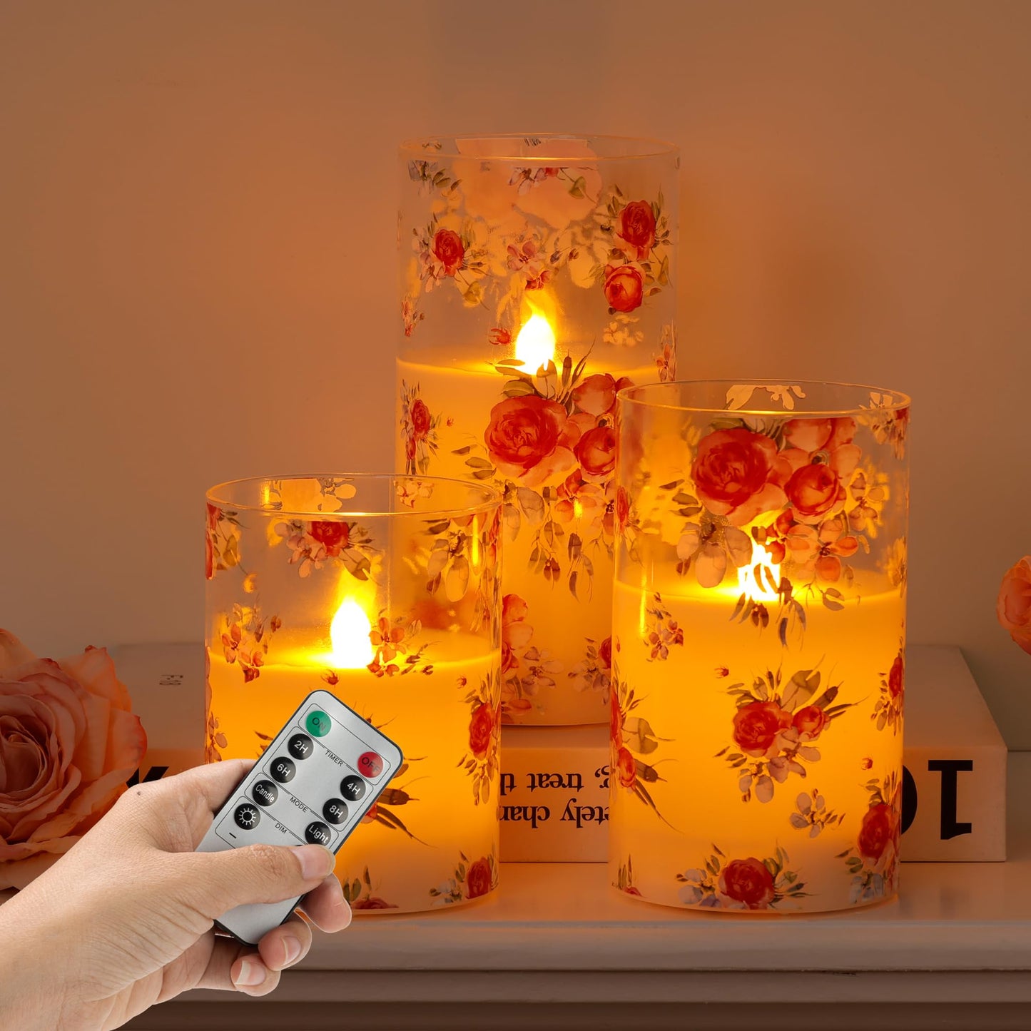 AFINETH Rose Flameless Candles Set of 3 – Glass Battery Operated Candles with Remote, Flickering Floral Flameless Candle for Wedding, Home, Party Gift