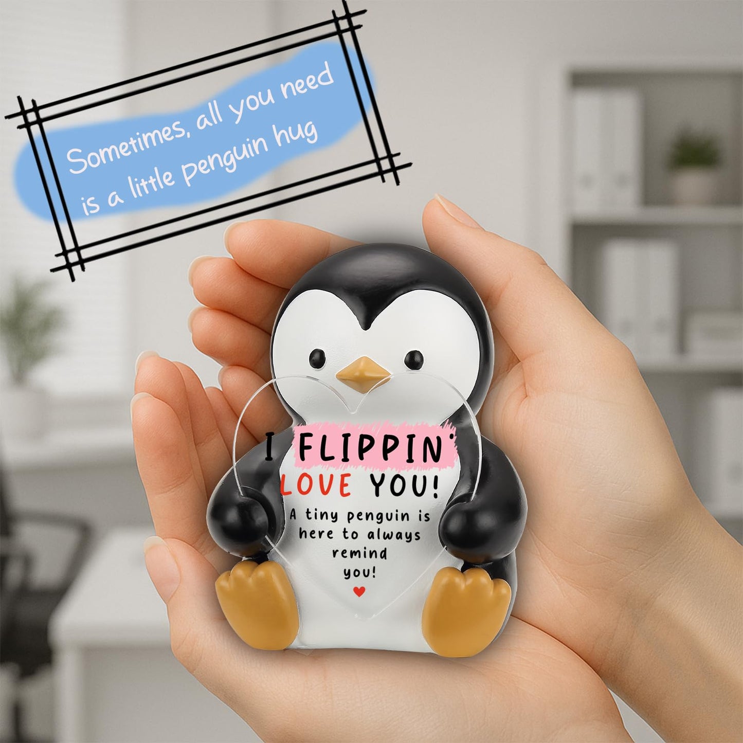 I Flippin’ Love You Penguin Figurine with Heart Plaque, Cute Penguin Collectible Desk Sign, Sentimental Gift for Friend, Family, Coworker, Birthday, Christmas, Anniversary Keepsake ES018