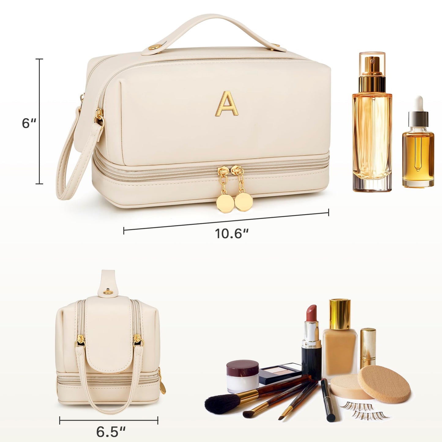 CLOUDWINGS Gifts for Women Birthday Gifts Initial Makeup Bag for Women Personalized Large Capacity Travel Toiletry Bag Cosmetic Bag Gifts for Mom-Graduation Gift for Teens Girls (Beige A)