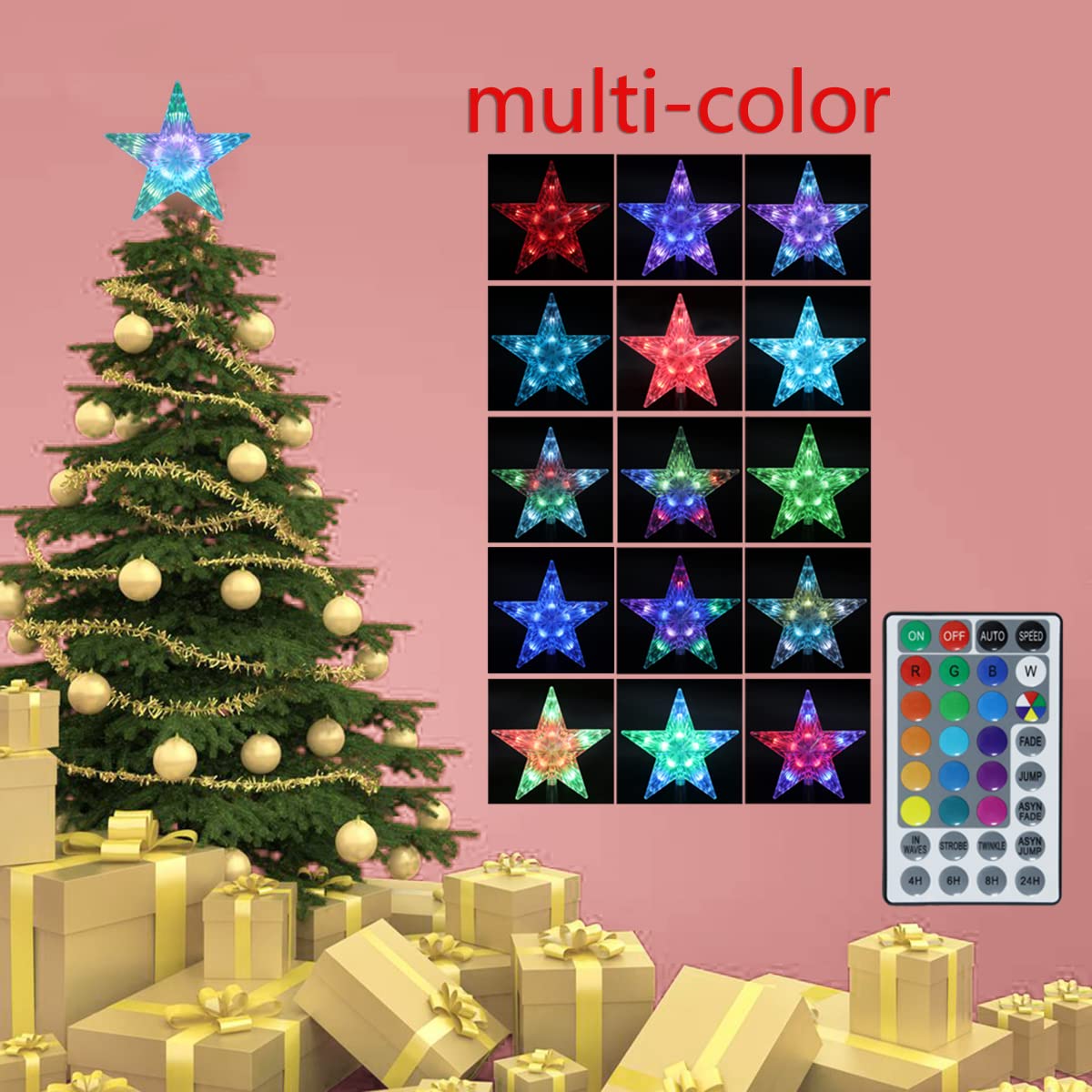 Brogrous Christmas Star Tree Topper Lights 9.5inch 10LED Multicolour with Versatile Remote Controller 3AA Battery Powered Tree-top Star for Xmas Tree Home Decoration（Indoor and Outdoor ）