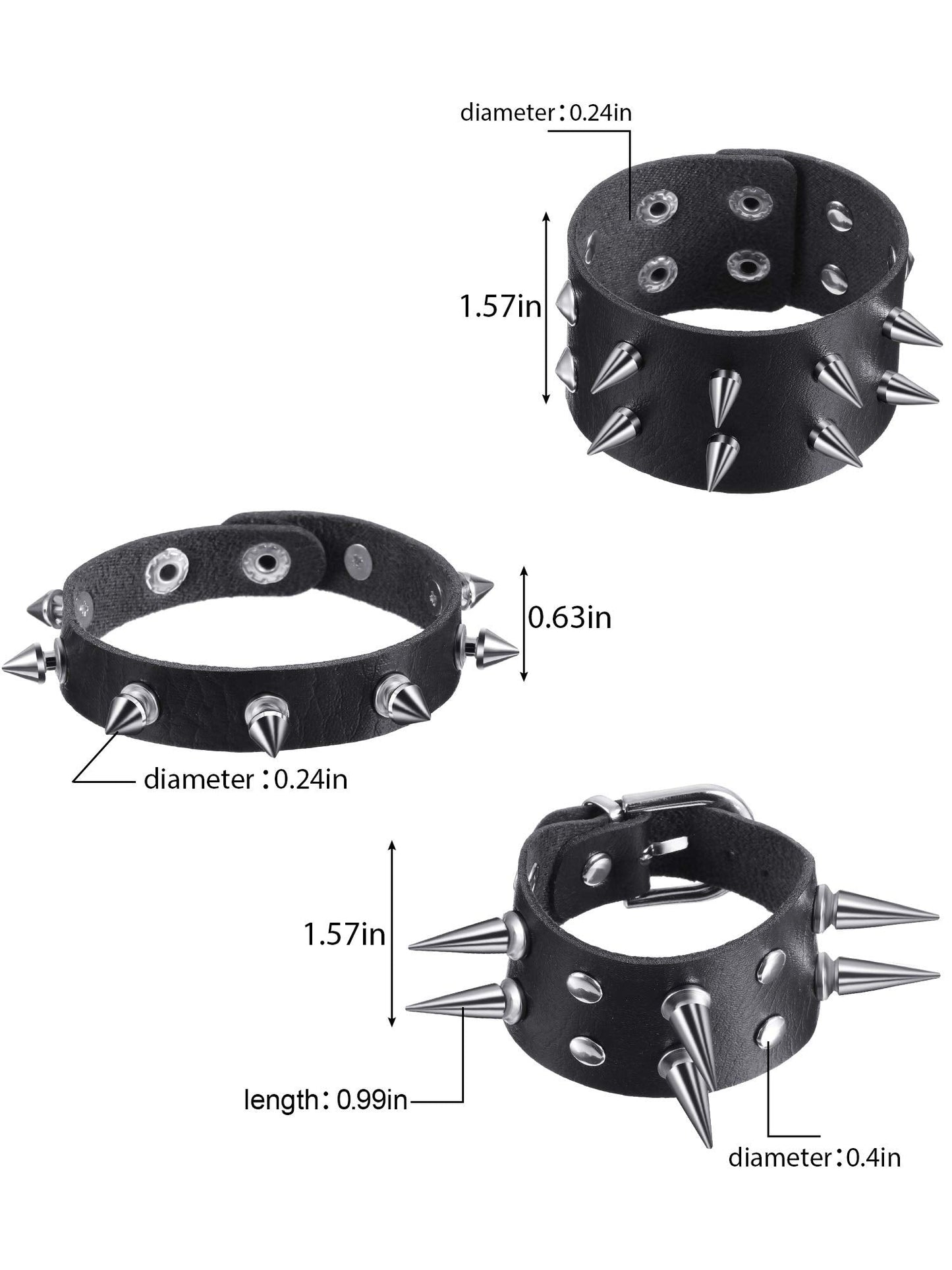 Hicarer 9 Pcs Spiked Studded Bracelet Black Leather Rivet Punk Bracelet Y2k Cuff Wrap Bangle Snap Button Wristband Men Women(Classic Style)