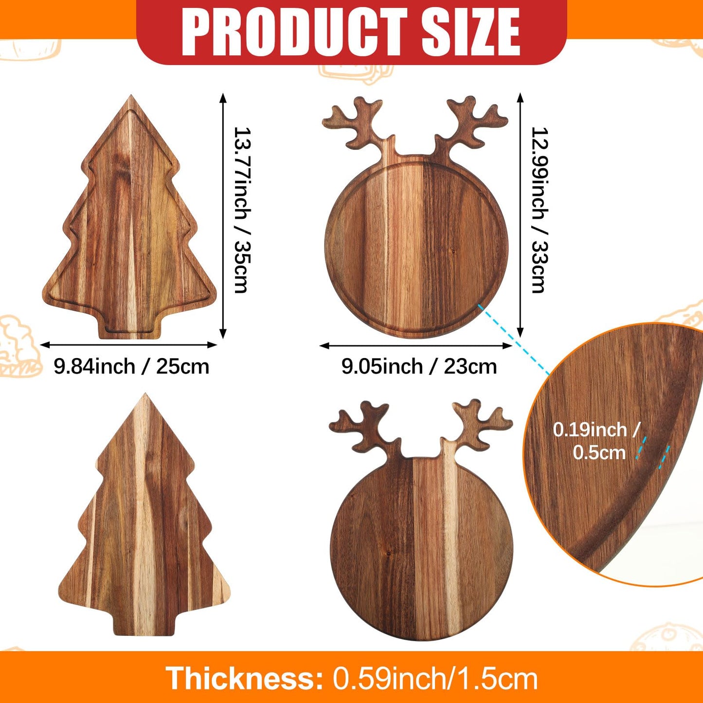 Umigy 2 Pcs Christmas Charcuterie Boards Christmas Tree Wooden Cutting Board with Handle Antler Acacia Wood Cute Cutting Board for Cheese Fruit Bread Salad Vegetables Snack Dessert