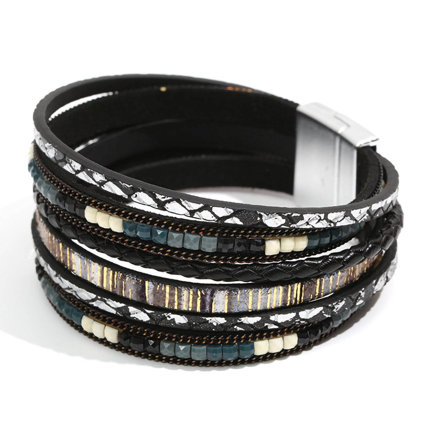 Fesciory Leather Wrap Bracelets for Women, Boho Leopard Multi-Layer Crystal Beads Cuff Bracelet Jewelry (Boho Braid(Black))