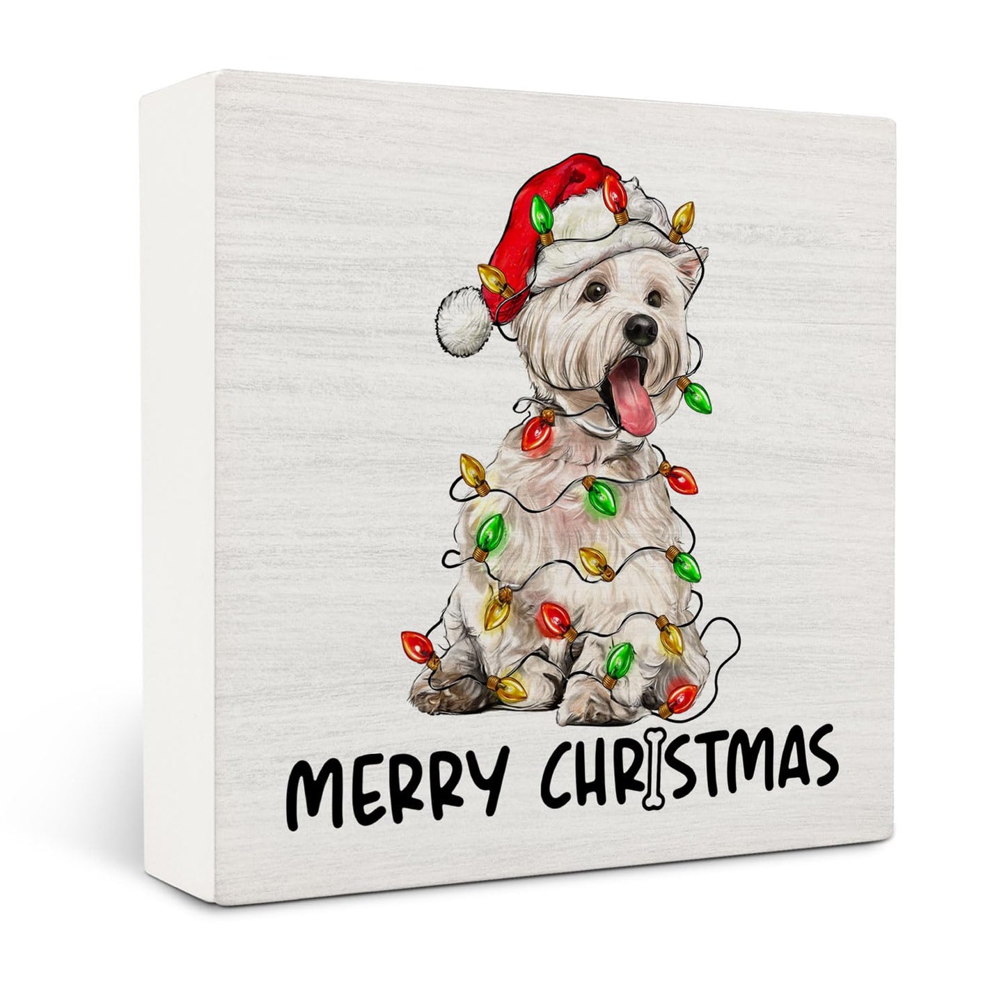 OVAcational West Highland White Terrier Christmas Wooden Box Sign Desk Decor, Westie Dog Lover Gifts, Christmas Dog Wood Block Sign for Home Office Desk Table Shelf Wall Decorations, 5x5 Inch