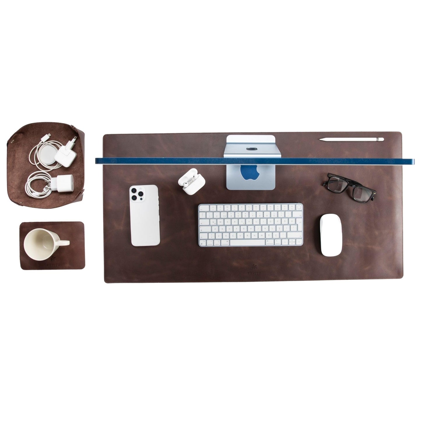VENITO Leather 3-in-1 Desk Mat Set – Desk Mat (32"x16"), Organizer Tray & Cup Coaster – Full-Grain Leather Desk Pad for Office & Home – Elegant Workspace Accessories for Men & Women, Brown