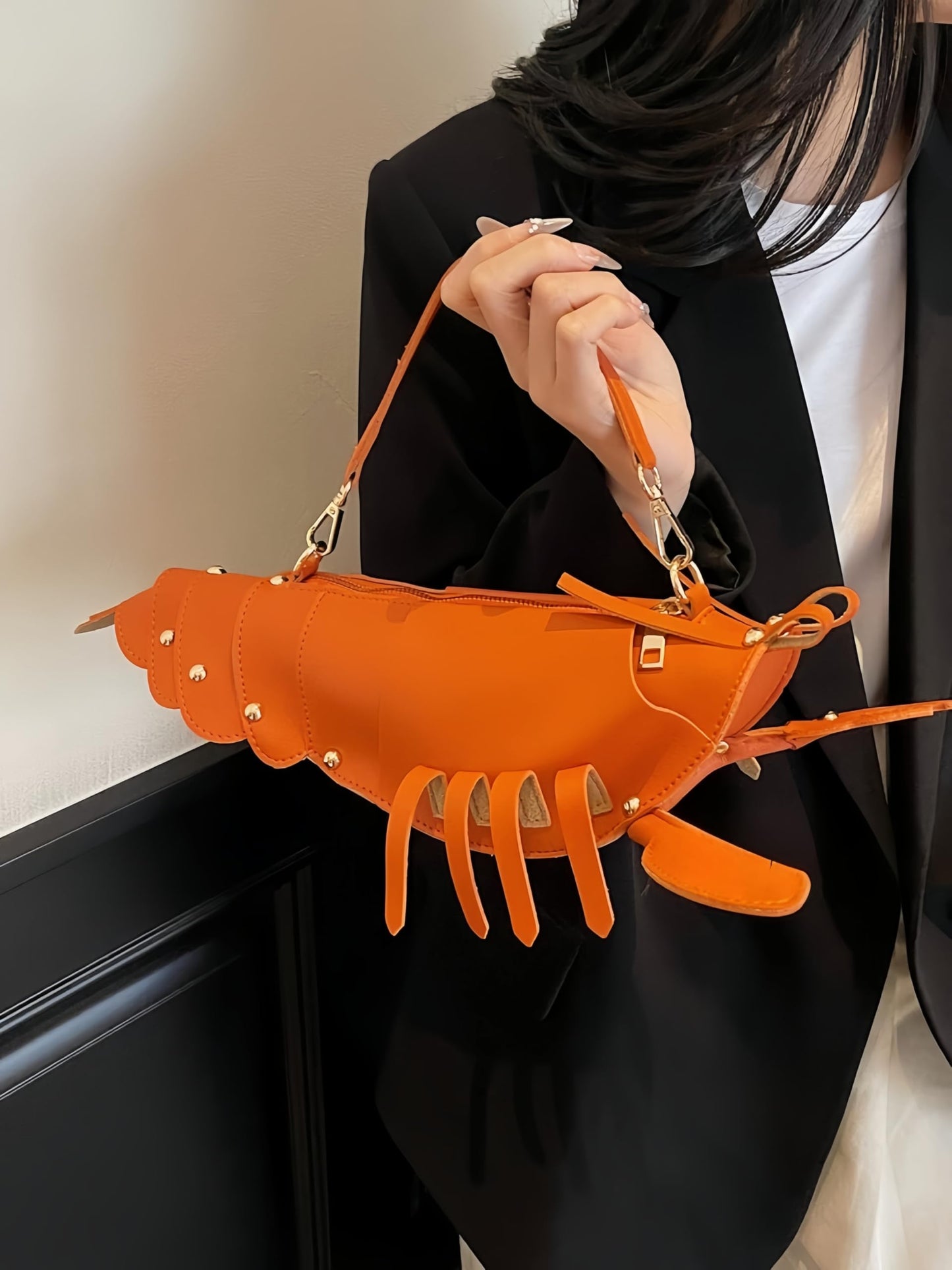 XJXFKDG Lobster Shaped Crossbody Bag,Fun Unique Rivets Lobster Design Shoulder,PU,Stylish Handbag Purse for Women Girls (Orange)