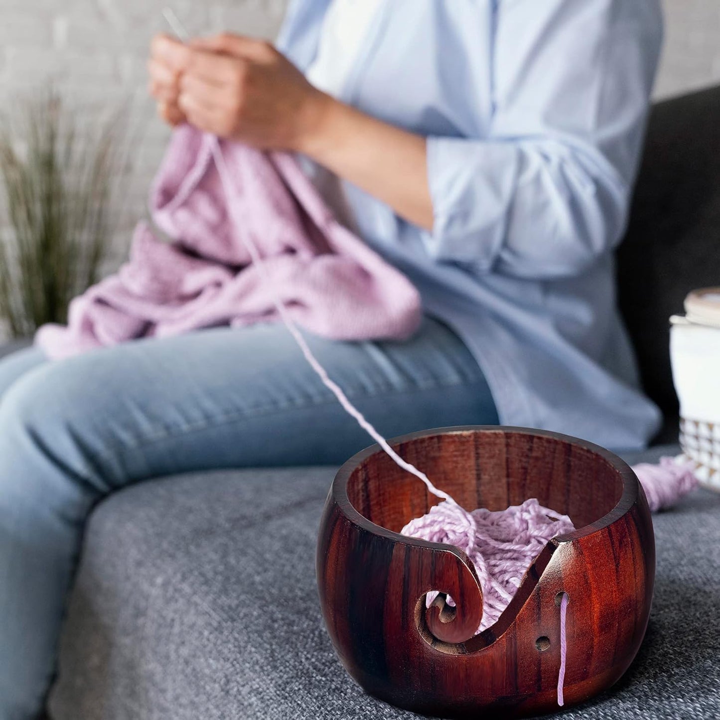 IUAQDP Wooden Yarn Bowl for Crocheting and Knitting, Crochet Wool Yarn Storage Basket Round with Holes Handmade Holder 6" x 3" for Christmas Mothers Day Birthday Hand Made Knitting String Lovers