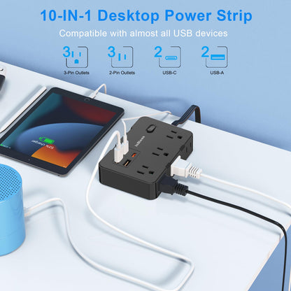 Flat Plug Power Strip Surge Protector, 5ft Ultra Thin Extension Cord with 4 USB Wall Charger(2 USB C Port), 6 Widely-Spaced Outlets Power Strip Compact for Travel, Office, Dorm Room Essentials (White)